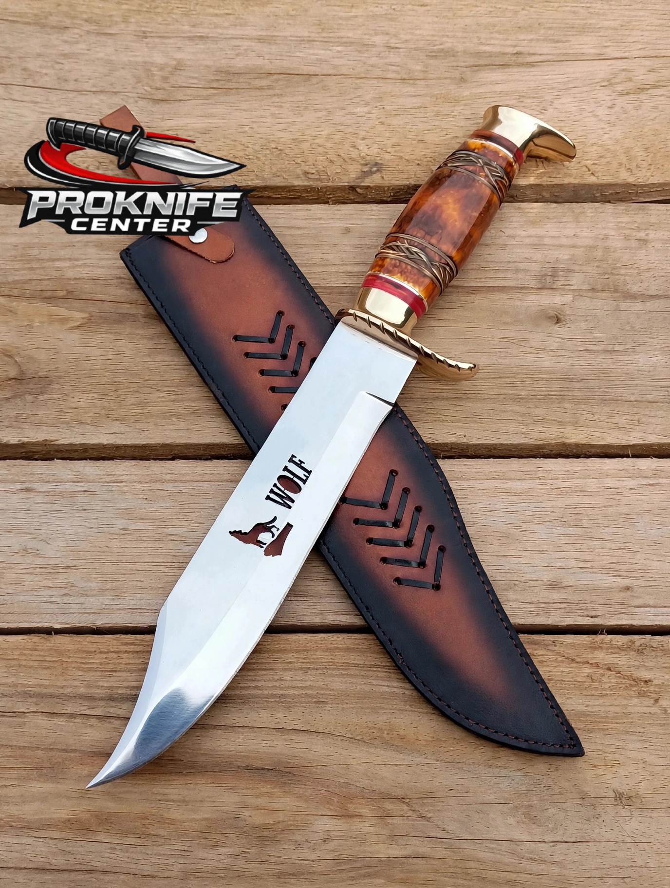 Custom Handmade WOLF Bowie Knife - Full Tang Hunting Knife - Amber Bone Handle with Brass Guard - Polished Stainless Steel Blade - Image 5