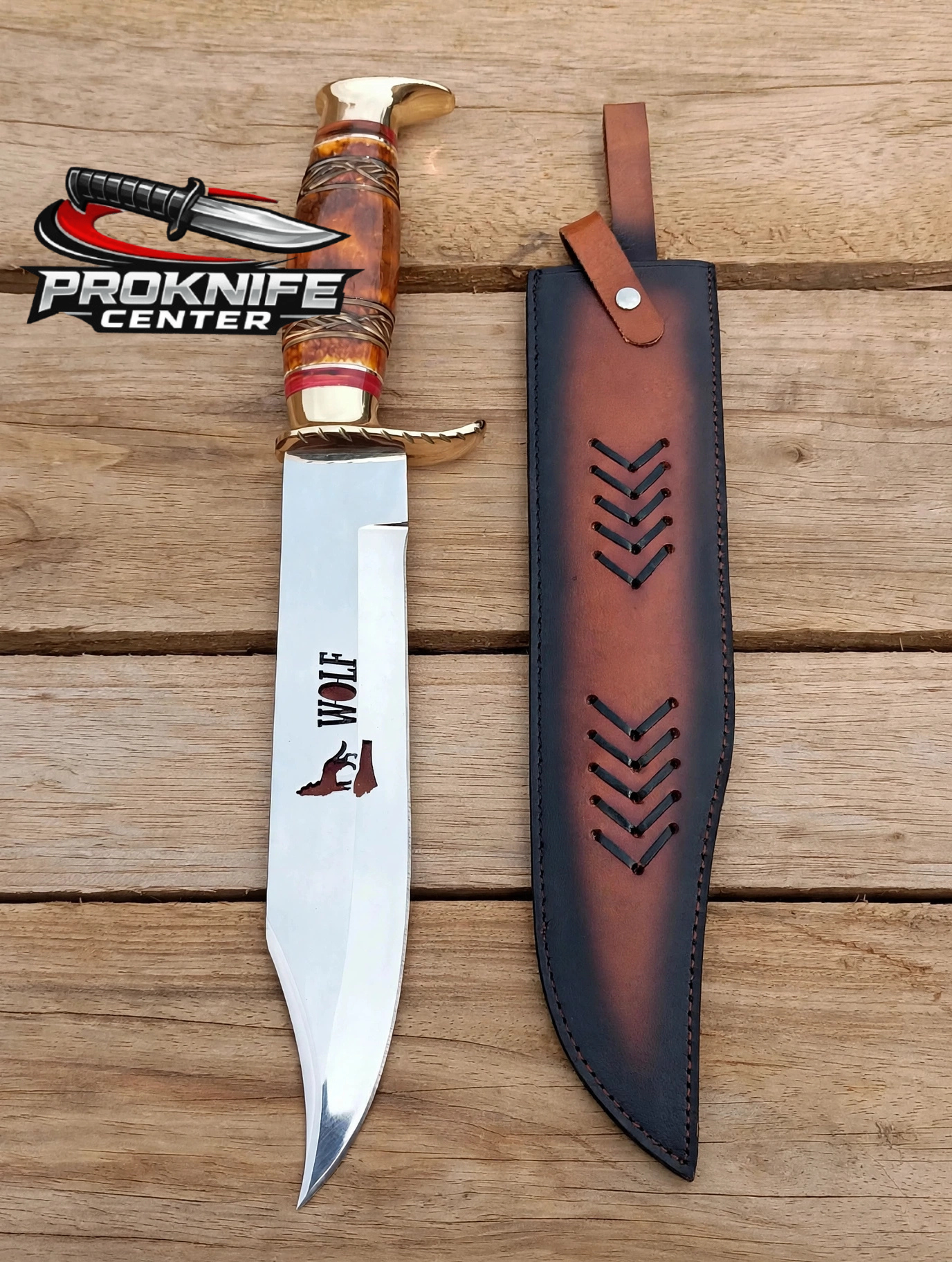 Custom Handmade WOLF Bowie Knife - Full Tang Hunting Knife - Amber Bone Handle with Brass Guard - Polished Stainless Steel Blade - Image 4