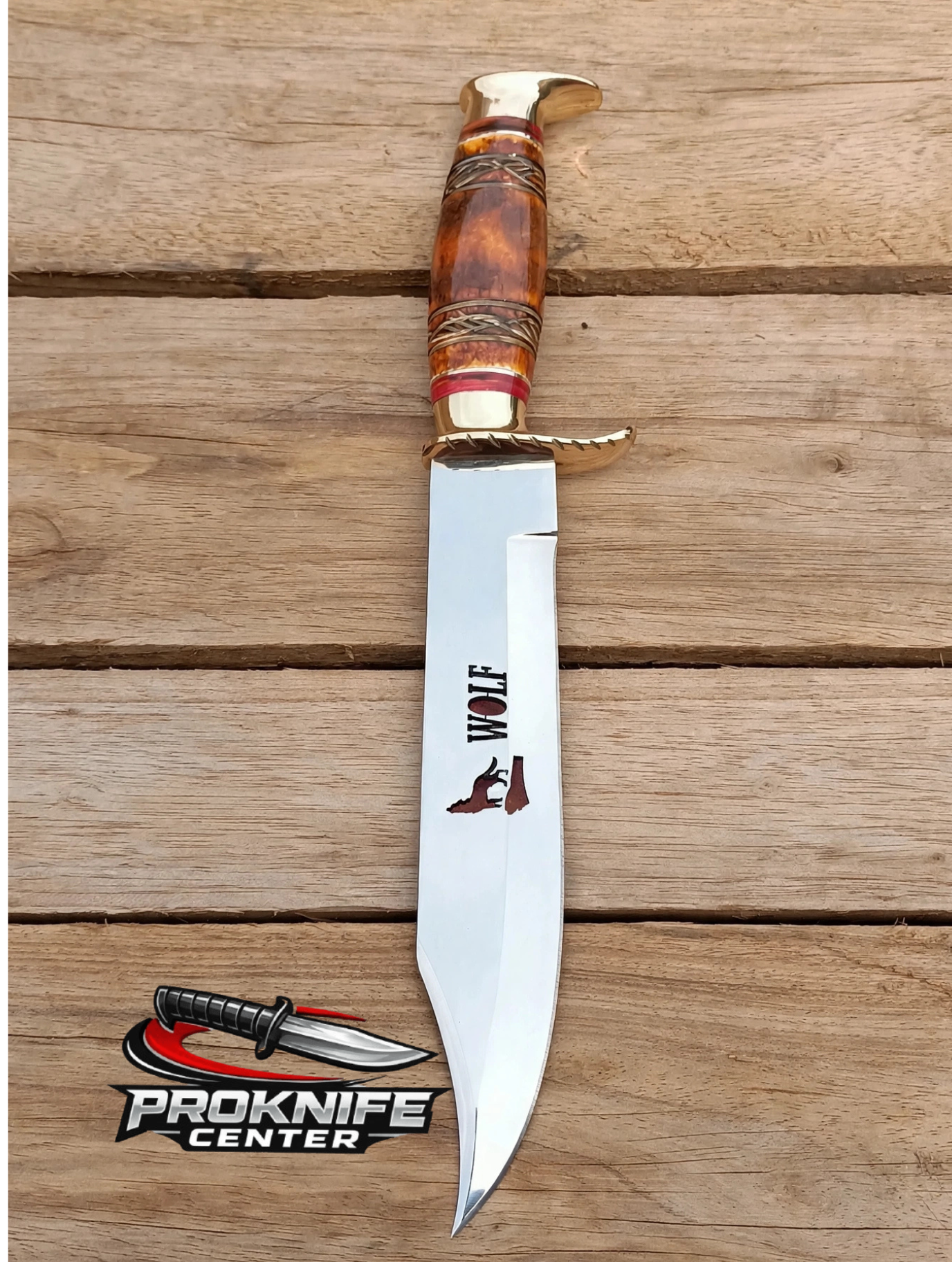 Custom Handmade WOLF Bowie Knife - Full Tang Hunting Knife - Amber Bone Handle with Brass Guard - Polished Stainless Steel Blade - Image 2