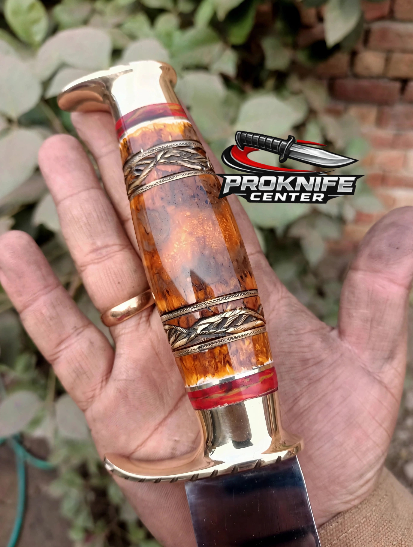 Custom Handmade WOLF Bowie Knife - Full Tang Hunting Knife - Amber Bone Handle with Brass Guard - Polished Stainless Steel Blade - Image 3