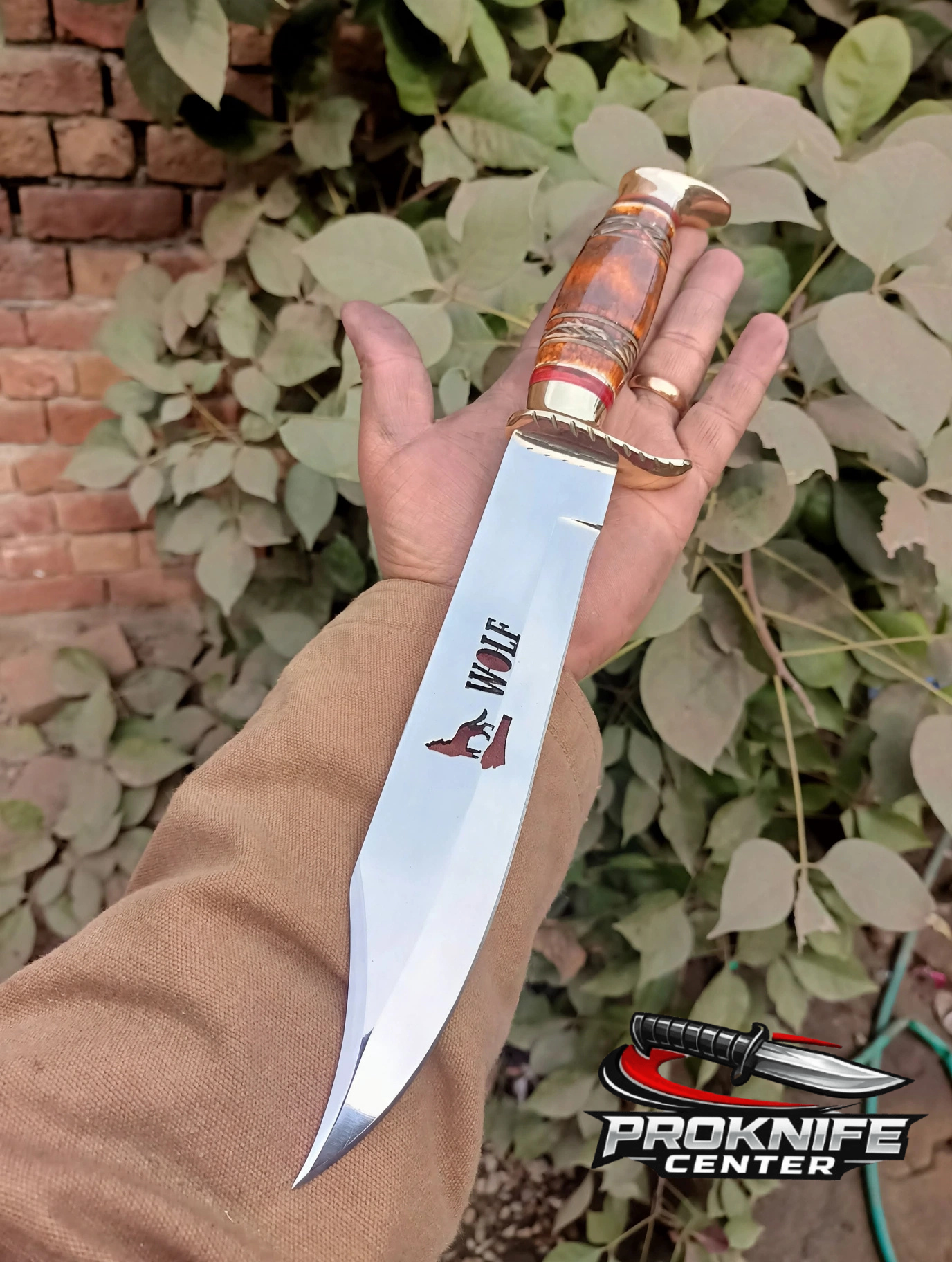 Custom Handmade WOLF Bowie Knife - Full Tang Hunting Knife - Amber Bone Handle with Brass Guard - Polished Stainless Steel Blade