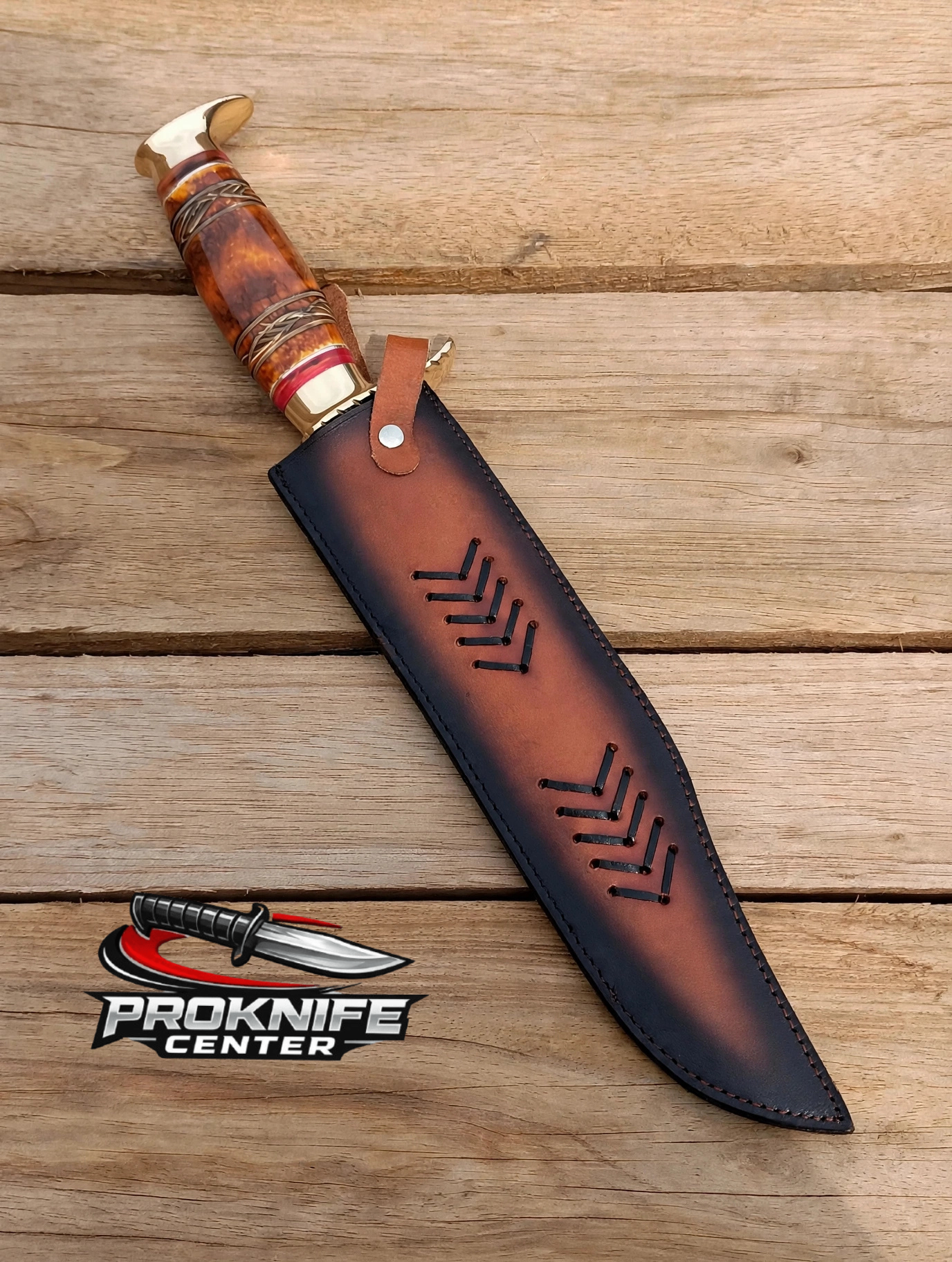 Custom Handmade WOLF Bowie Knife - Full Tang Hunting Knife - Amber Bone Handle with Brass Guard - Polished Stainless Steel Blade - Image 6