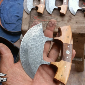 Handmade Damascus Steel Ulu Knife - Ulu Pizza Cutter - Raindrop Damascus Pizza Axe - Olive Wood Handle - Alaskan Mezzaluna Chef Knife