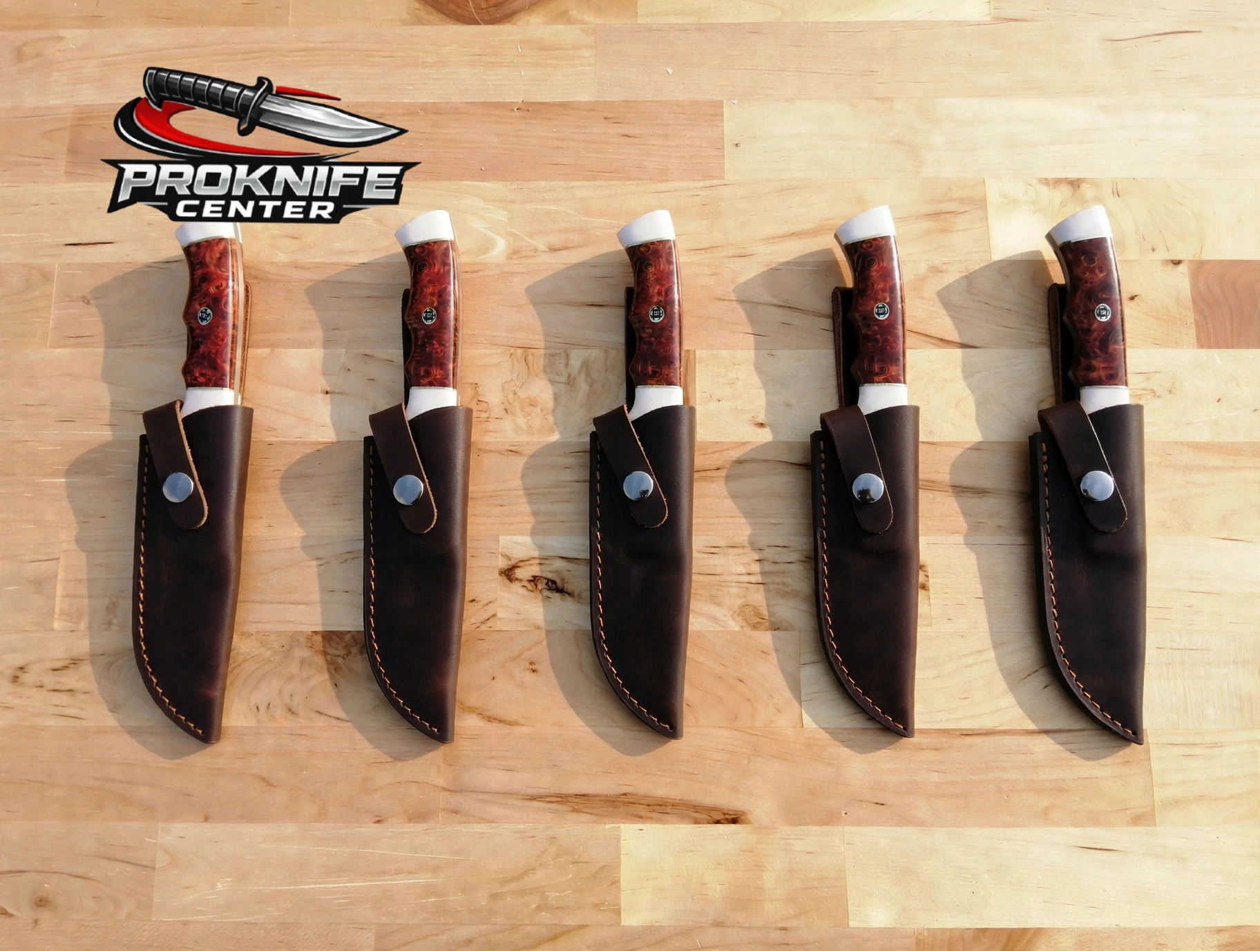 Lot of 5 - Custom Handmade Damascus Steel Drop Point Hunting Knives - Reddish Burl Resin Handle with White Bolster - Full Tang - Image 5