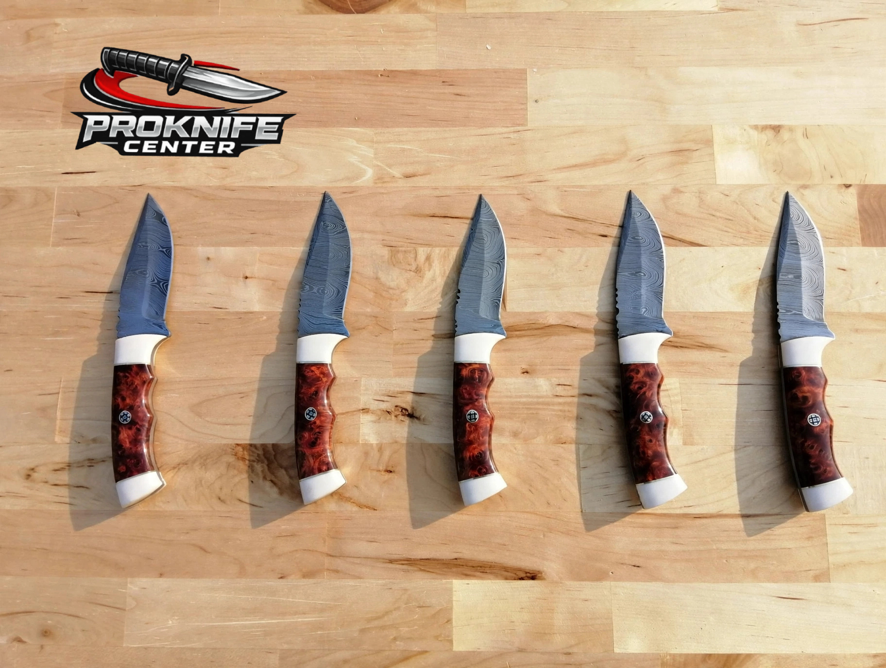 Lot of 5 - Custom Handmade Damascus Steel Drop Point Hunting Knives - Reddish Burl Resin Handle with White Bolster - Full Tang - Image 2