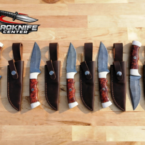 Lot of 5 - Custom Handmade Damascus Steel Drop Point Hunting Knives - Reddish Burl Resin Handle with White Bolster - Full Tang