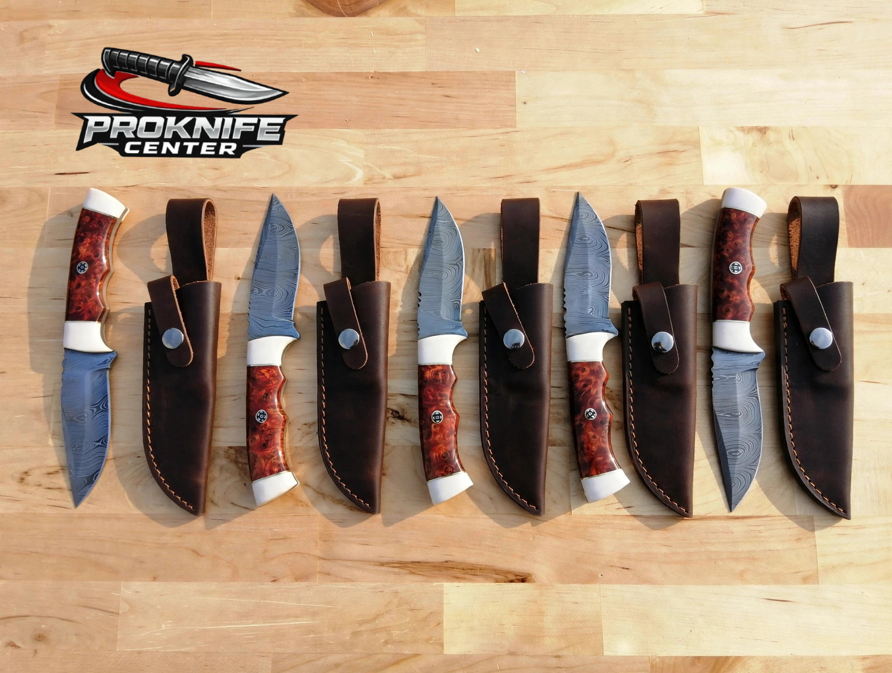 Lot of 5 - Custom Handmade Damascus Steel Drop Point Hunting Knives - Reddish Burl Resin Handle with White Bolster - Full Tang