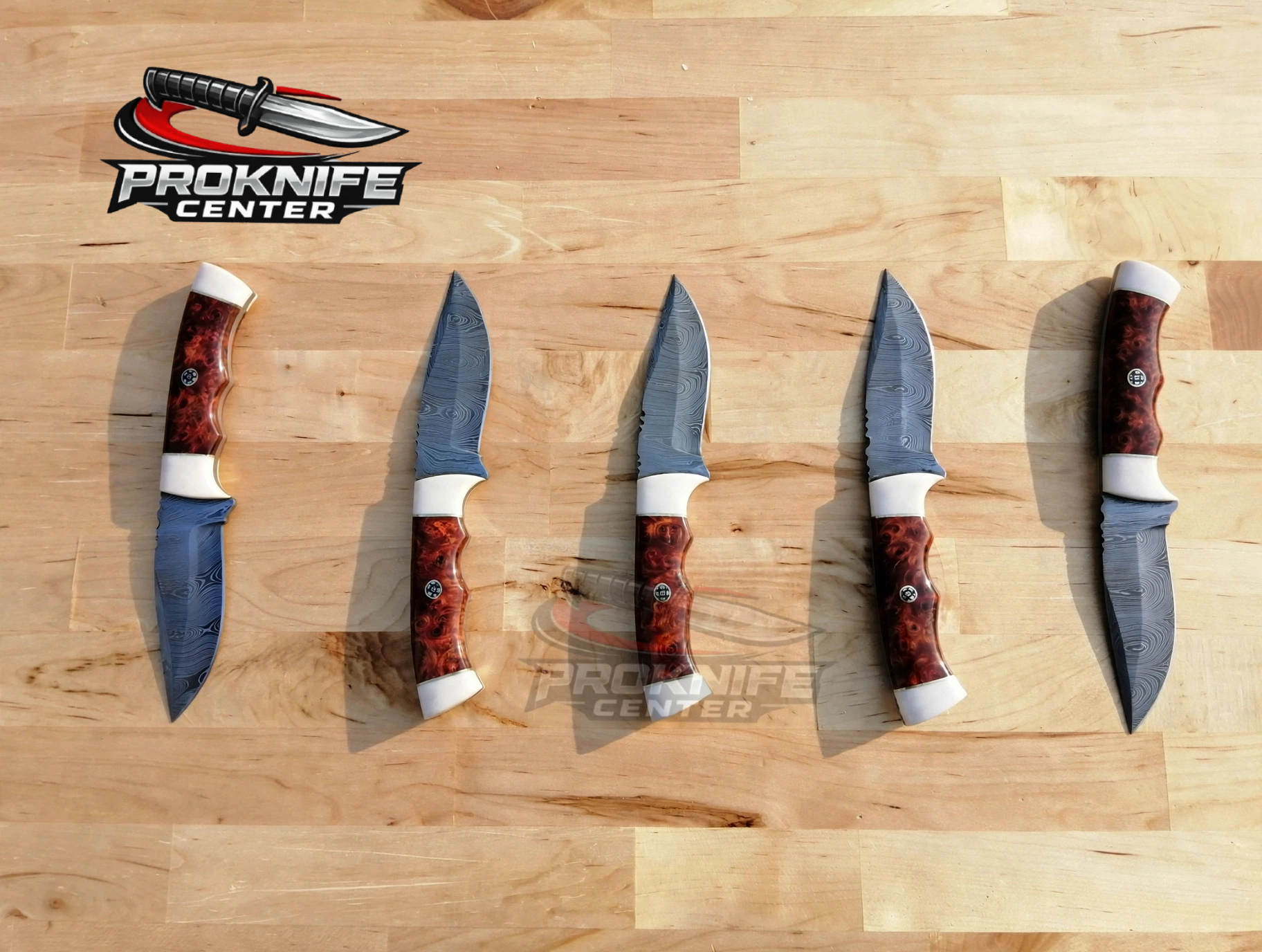 Lot of 5 - Custom Handmade Damascus Steel Drop Point Hunting Knives - Reddish Burl Resin Handle with White Bolster - Full Tang - Image 3
