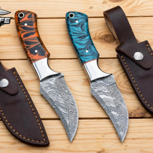 Damascus Hunting Knife 8 inch  Hand Forged Fixed Blade Skinner Knife with Colored Resin Handle and Leather Sheath