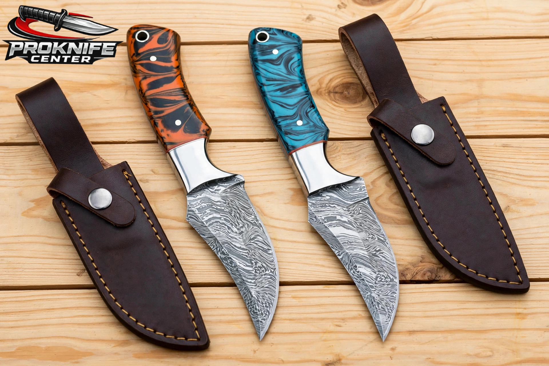 Damascus Hunting Knife 8 inch Hand Forged Fixed Blade Skinner Knife with Colored Resin Handle and Leather Sheath