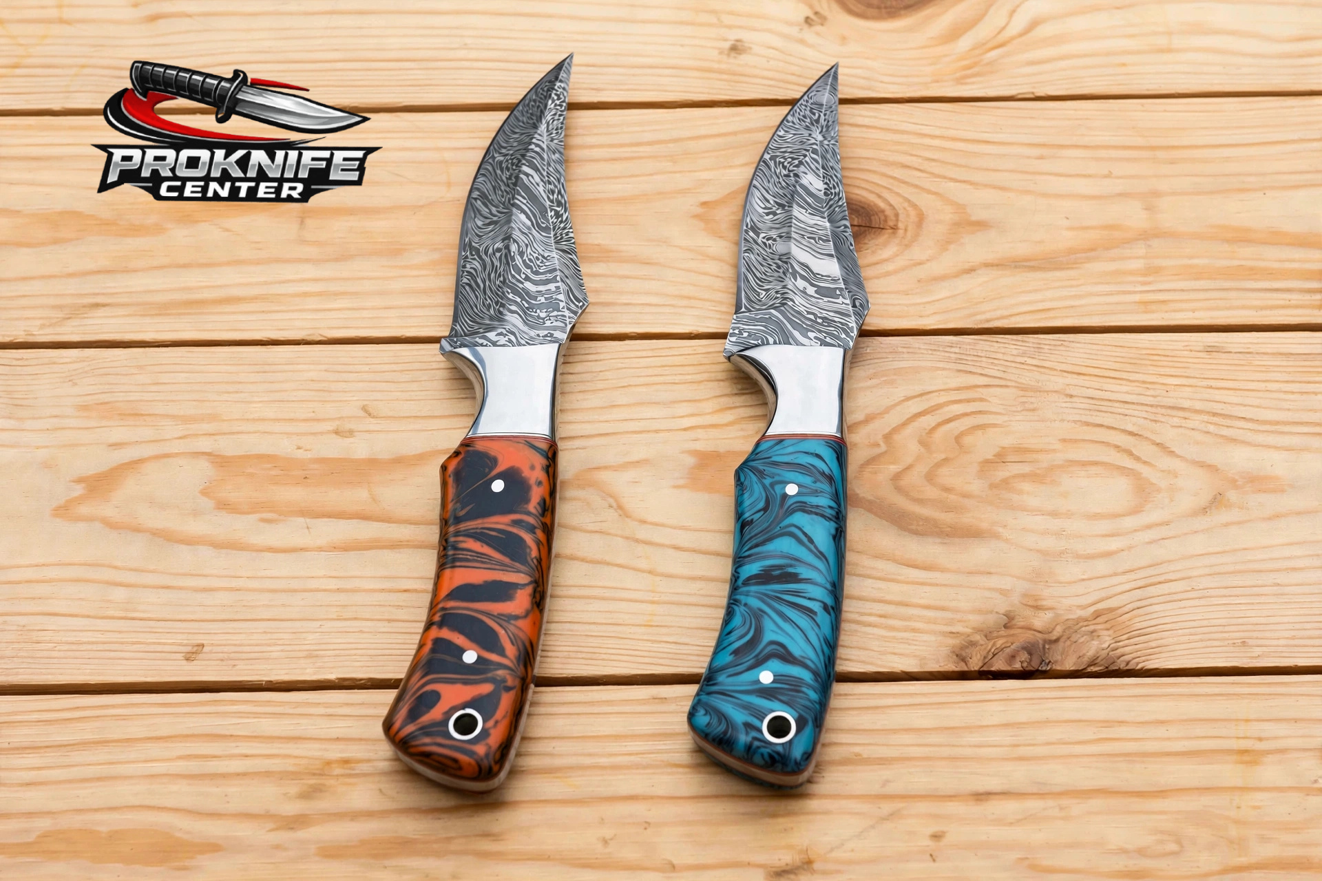 Damascus Hunting Knife 8 inch Hand Forged Fixed Blade Skinner Knife with Colored Resin Handle and Leather Sheath - Image 5