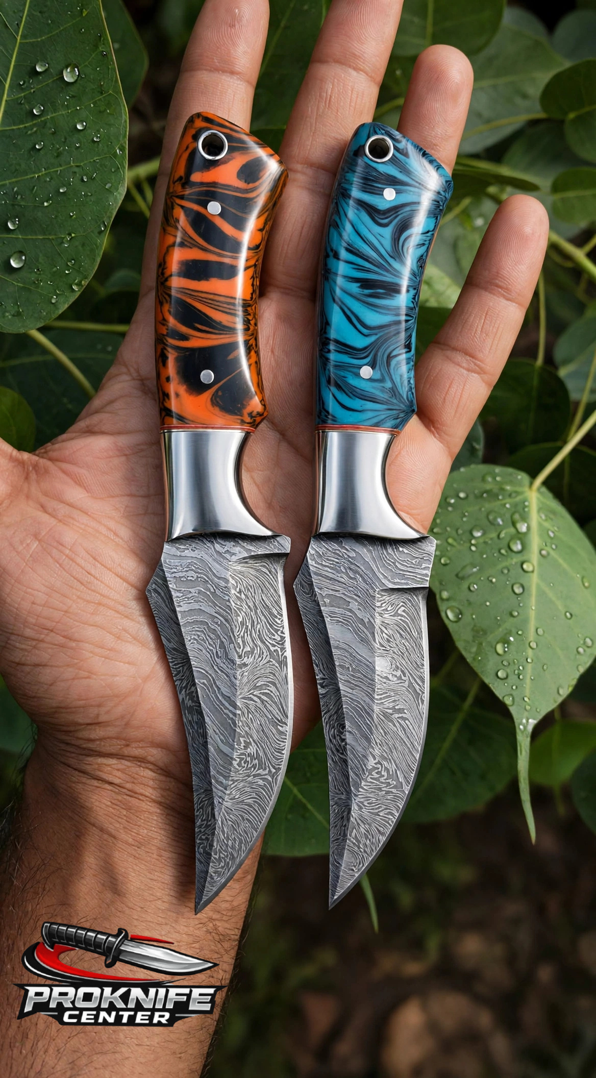 Damascus Hunting Knife 8 inch Hand Forged Fixed Blade Skinner Knife with Colored Resin Handle and Leather Sheath - Image 6