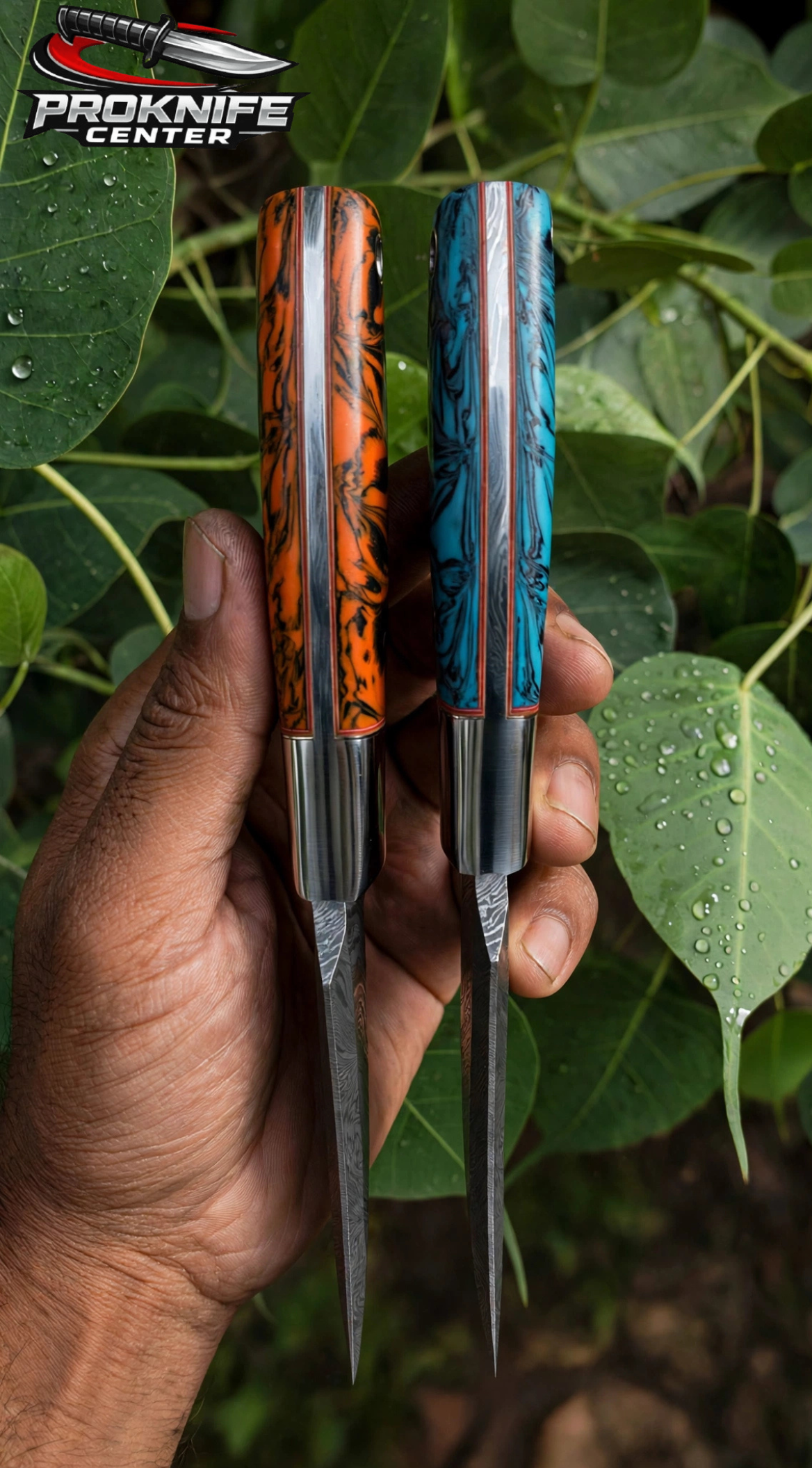 Damascus Hunting Knife 8 inch Hand Forged Fixed Blade Skinner Knife with Colored Resin Handle and Leather Sheath - Image 7