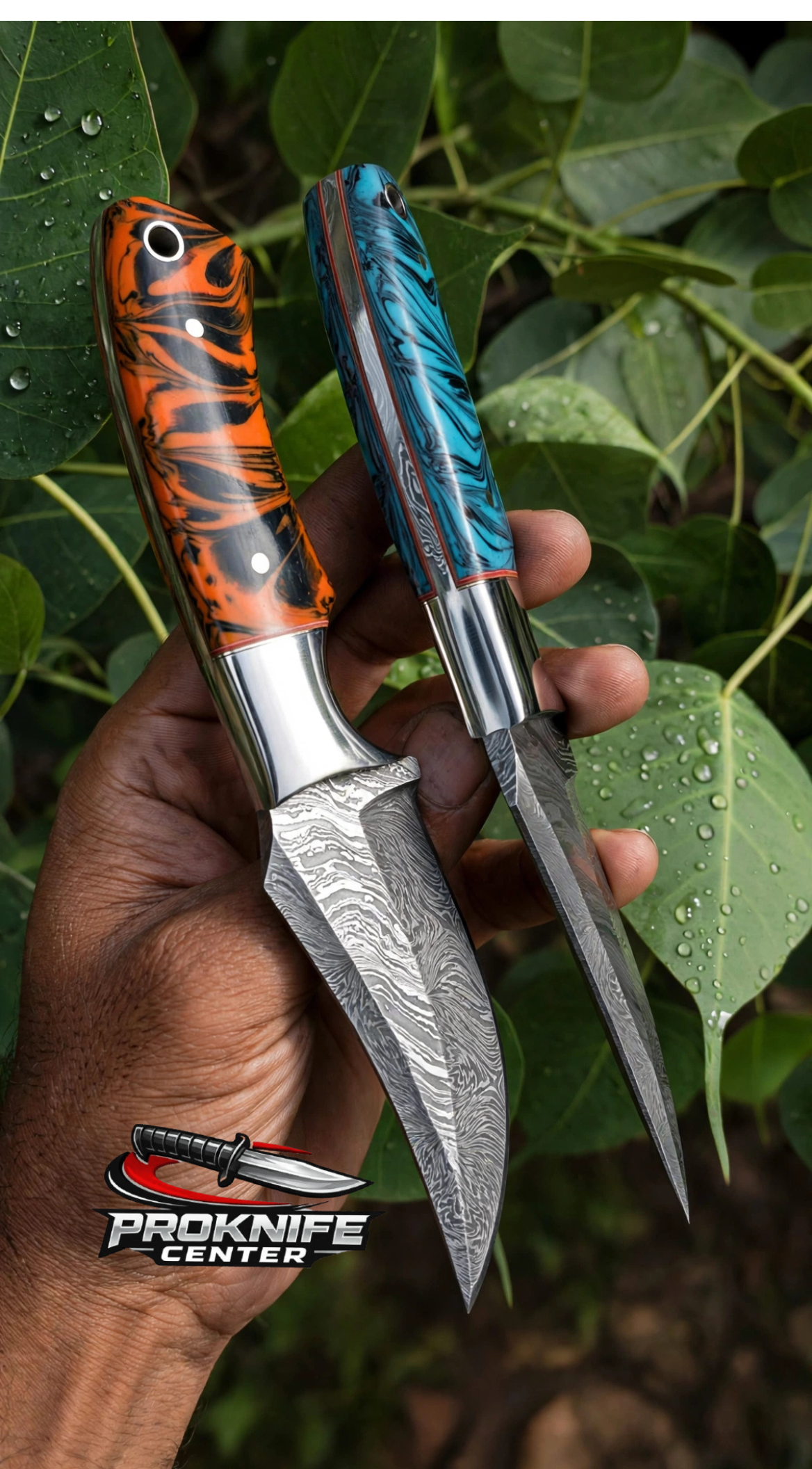 Damascus Hunting Knife 8 inch Hand Forged Fixed Blade Skinner Knife with Colored Resin Handle and Leather Sheath - Image 2