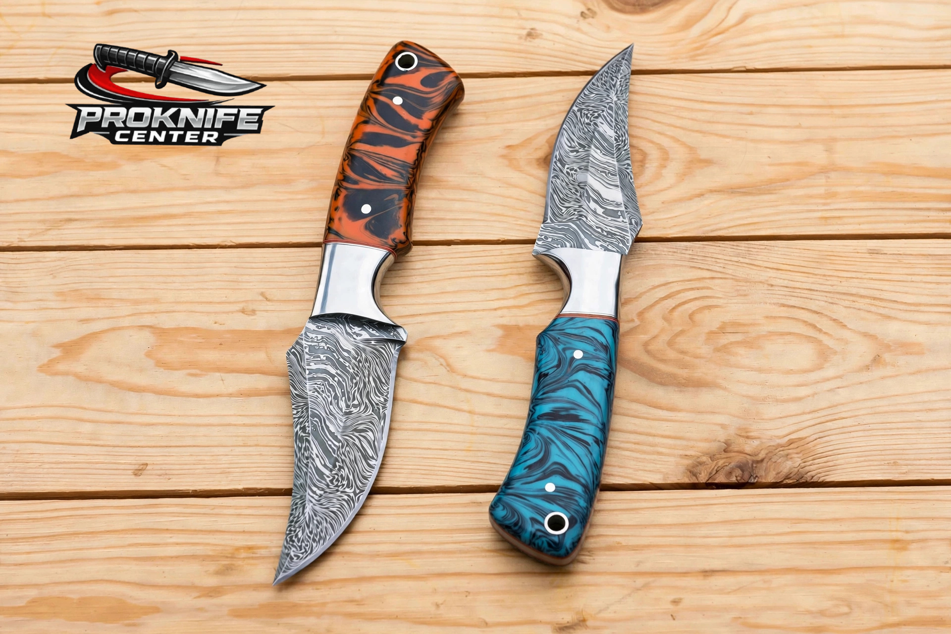 Damascus Hunting Knife 8 inch Hand Forged Fixed Blade Skinner Knife with Colored Resin Handle and Leather Sheath - Image 3