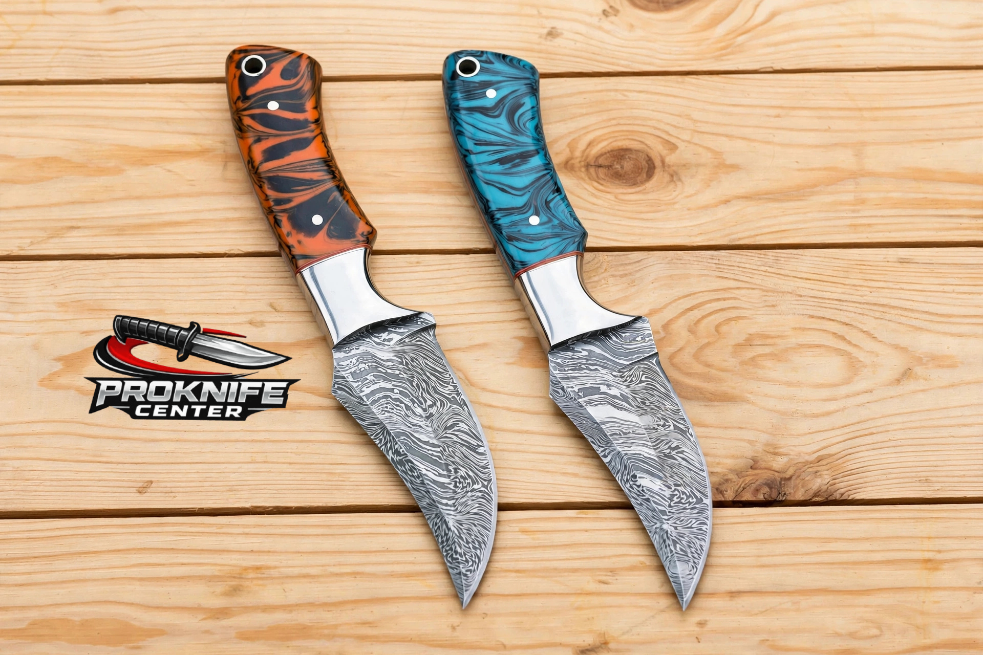 Damascus Hunting Knife 8 inch Hand Forged Fixed Blade Skinner Knife with Colored Resin Handle and Leather Sheath - Image 4