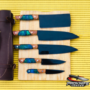 5 PiecesHandmade D2 Steel Chef Knife Set, Olive Wood Epoxy Resin Handles, Premium Kitchen Knives with Sheath
