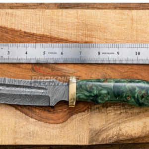 Handmade Damascus Bowie Hunting Knife – Green Resin Handle with Brass Bolster & Pommel