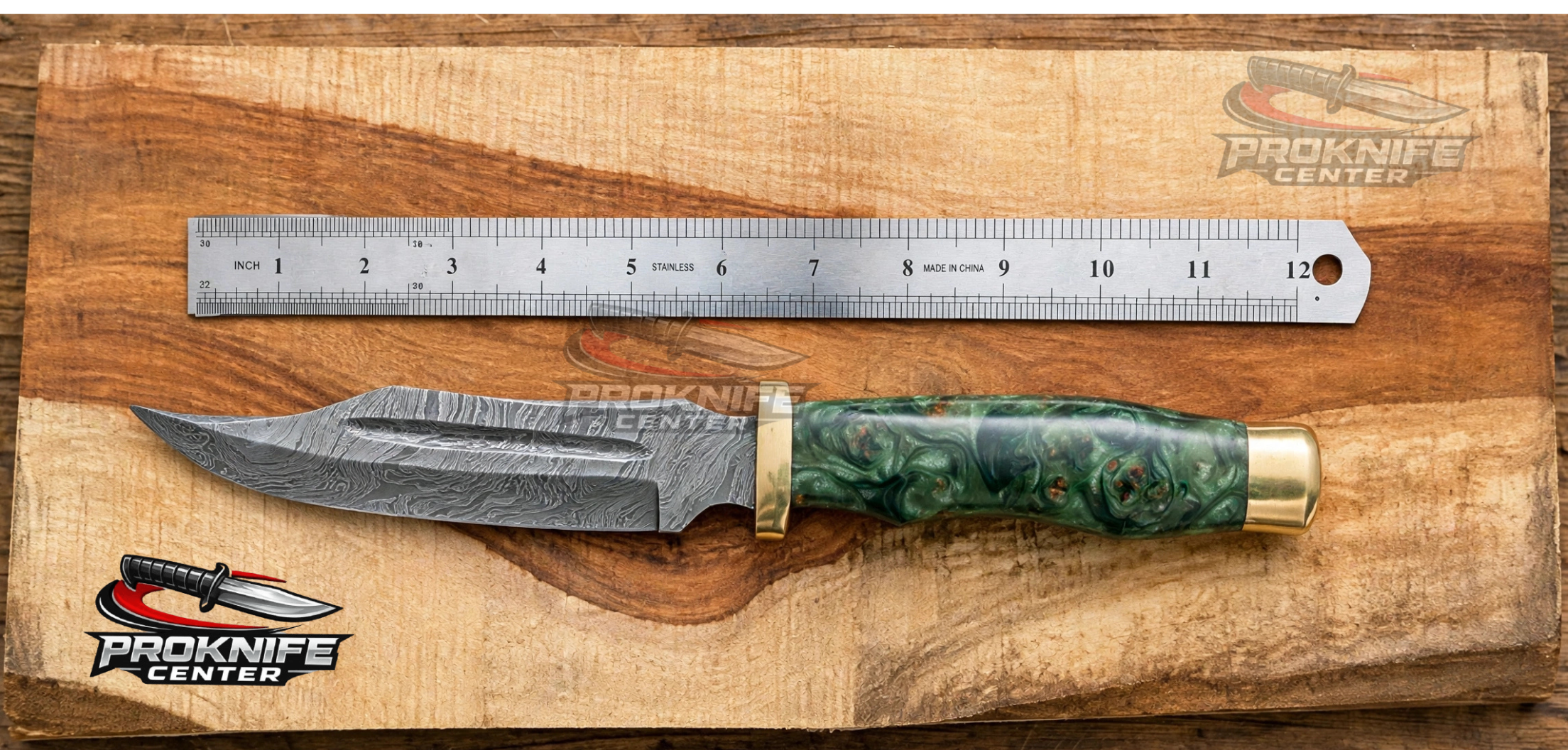 Handmade Damascus Bowie Hunting Knife – Green Resin Handle with Brass Bolster & Pommel
