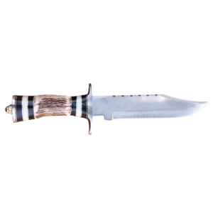 Custom Handmade Stainless Steel Bowie Knife - Stag Antler Handle with Buffalo Horn Spacers - Hunting Survival Knife