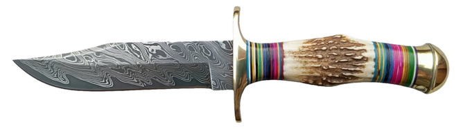 Custom Handmade Damascus Bowie Knife - Stag Antler Handle with Colorful Spacer - Hunting Skinner Knife - Image 2