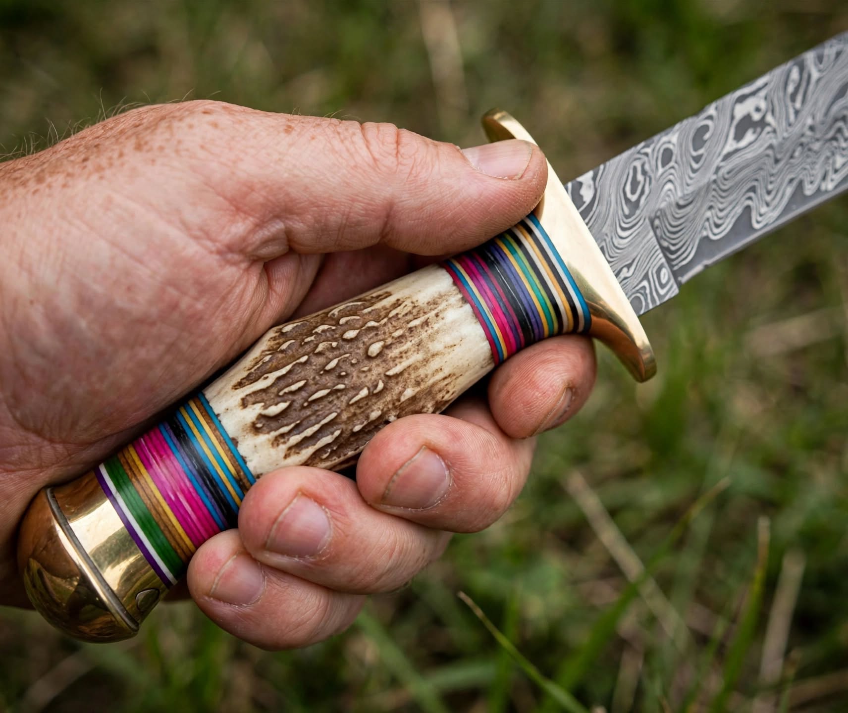 Custom Handmade Damascus Bowie Knife - Stag Antler Handle with Colorful Spacer - Hunting Skinner Knife - Image 3
