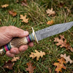 Custom Handmade Damascus Bowie Knife - Stag Antler Handle with Colorful Spacer - Hunting Skinner Knife