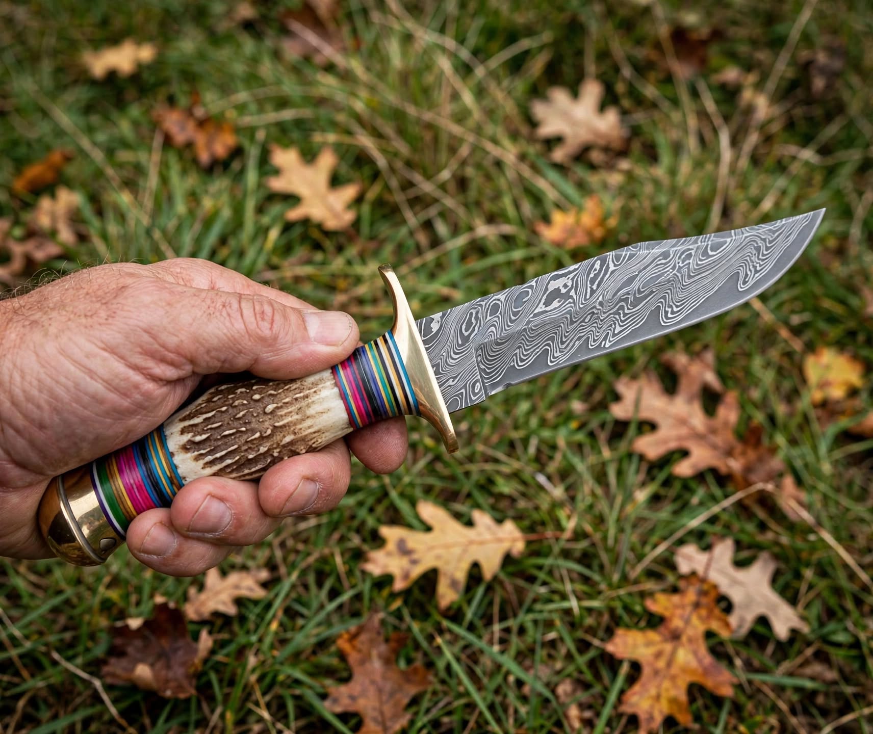 Custom Handmade Damascus Bowie Knife - Stag Antler Handle with Colorful Spacer - Hunting Skinner Knife